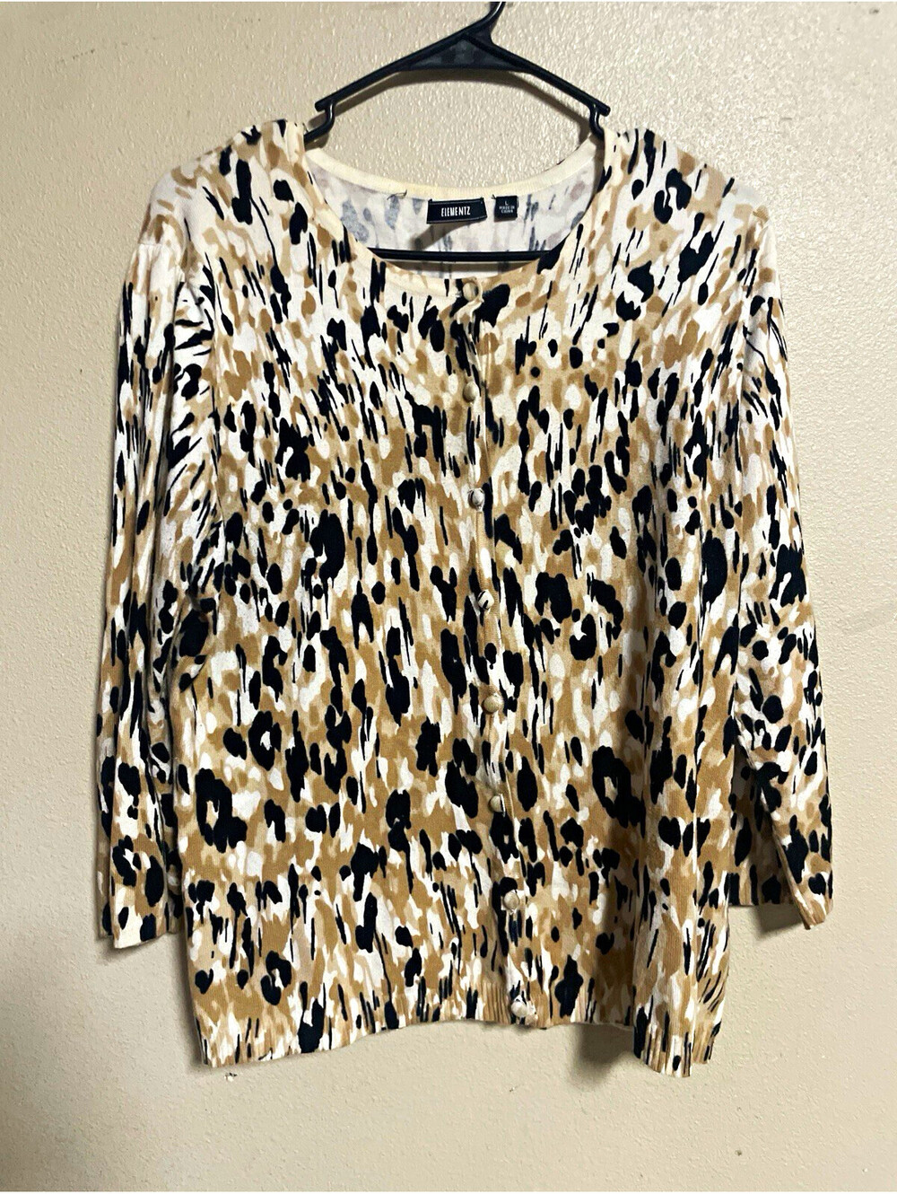 Elementz L Cardigan Sweater Animal Print Beige Black White Knit Button 3/4